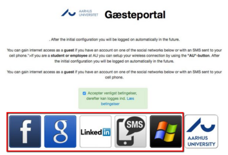 AU's wireless network guest portal. Use one of the options marked above to log in.